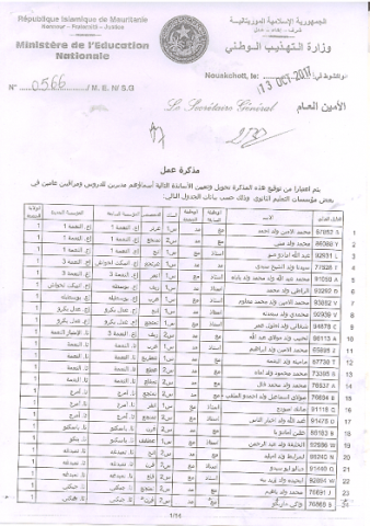 موريتانيا/ لوائح التحويلات الخاصة بمديري دروس التعليم الثانوي (تفاصيل)
